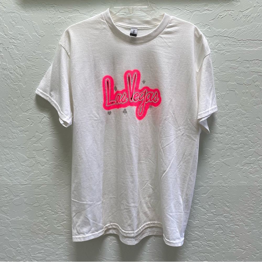 Vintage 90s Las Vegas Print Large T-Shirt Women's White w/ Hot Pink Neon Graphic - Picture 2 of 12